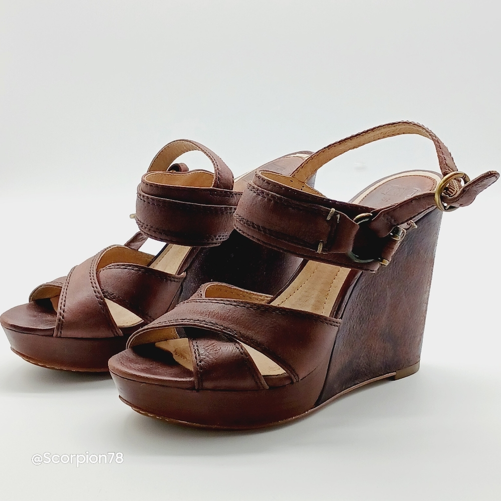 Frye Alexa Criss Cross Wedge Sandals in Brown Leather Size 7.5 for Women - Picture 2 of 7